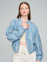 Pret - Moven - Women's Bomber Jacket with Floral Embroidery - Blue
