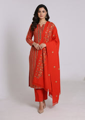Winter - Riwaj - Printed Cotray Suit - Wool Shawl - D#13 - Red