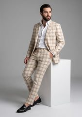 Dechamps Suiting Selvage Check Wool Fabric - M Cream