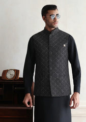 Elite Men China Boski Unstitched Waistcoat Fabric - D#43 - Black