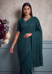 Formals - Fancy Closet - Georgette Embroidered Chiffon Saree - D#01 - Green