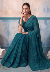 Formals - Fancy Closet - Georgette Embroidered Chiffon Saree - D#01 - Zink Green