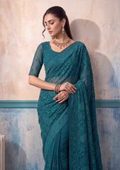 Formals - Fancy Closet - Georgette Embroidered Chiffon Saree - D#01 - Zink Green