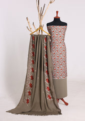 Winter - Riwaj - Printed Cotray Suit - Wool Shawl - D#10 - M Grey