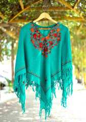 Kashmiri Ari Work Poncho D - 01 - DS Green