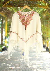 Kashmiri Ari Work Poncho D - 01 - Cream