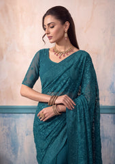 Formals - Fancy Closet - Georgette Embroidered Chiffon Saree - D#01 - Zink Green