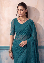 Formals - Fancy Closet - Georgette Embroidered Chiffon Saree - D#01 - Zink Green