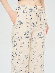 Pret - Moven - Palazzo Pants with Floral Embroidery and Sequins, Elastic Waistband - Skin