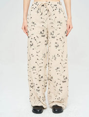 Pret - Moven - Palazzo Pants with Floral Embroidery and Sequins, Elastic Waistband - Skin