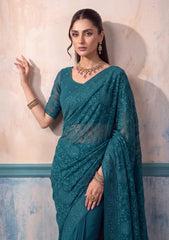 Formals - Fancy Closet - Georgette Embroidered Chiffon Saree - D#01 - Zink Green