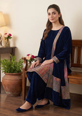 Winter - Riwaj - Velvet Jamawar Patch Work Suit - D#01 - N Blue