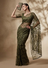 Formals - Chantilly Lace Saree - Mehndi Green