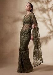 Formals - Chantilly Lace Saree - Mehndi Green