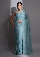 Formals - Fancy Closet - Georgette Embroidered Chiffon Saree - D#01 - Green