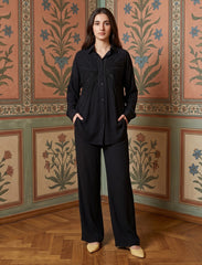 Pret - Moven - Shirt with Floral Embroidery and Stone Work Details - Black