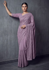 Formals - Fancy Closet - Georgette Embroidered Chiffon Saree - D#01 - Lilac