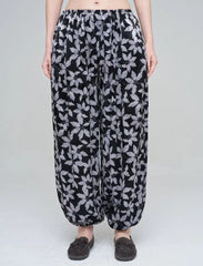 Pret - Moven - Leaf Patterned Elasticated Hem Viscose Women's Trousers - Black