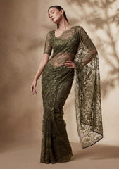 Formals - Chantilly Lace Saree - Mehndi Green