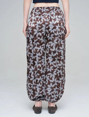Pret - Moven - Leaf Patterned Viscose Women's Trousers with Elasticated Hem - Chocolate