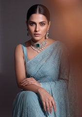 Formals - Fancy Closet - Georgette Embroidered Chiffon Saree - D#01 - Green