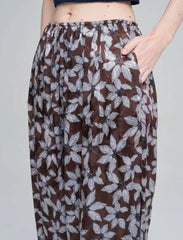 Pret - Moven - Leaf Patterned Viscose Women's Trousers with Elasticated Hem - Chocolate