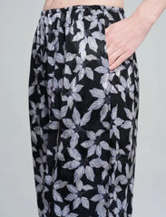 Pret - Moven - Leaf Patterned Elasticated Hem Viscose Women's Trousers - Black