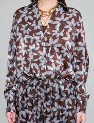 Pret - Moven - Leaf Patterned, Elastic Waist, Drapey Women's Shirt - Chocolate