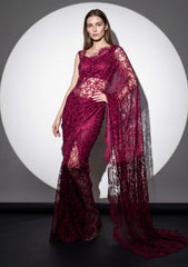 Fancy Chantilly Lace Saree - Deep Magenta