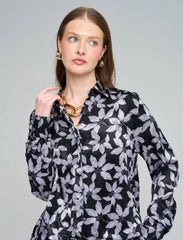 Pret - Moven - Leaf Patterned, Elasticated Waist, Draped Women's Shirt - Black