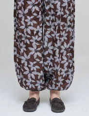 Pret - Moven - Leaf Patterned Viscose Women's Trousers with Elasticated Hem - Chocolate