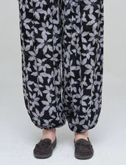 Pret - Moven - Leaf Patterned Elasticated Hem Viscose Women's Trousers - Black