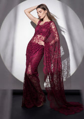 Fancy Chantilly Lace Saree - Deep Magenta