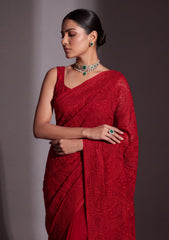 Formals - Fancy Closet - Georgette Embroidered Chiffon Saree - D#01 - Red