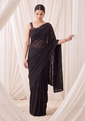 Formals - Fancy Closet - Georgette Embroidered Chiffon Saree - D#01 - Black