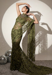 Fancy Chantilly Lace Saree - Olive Green