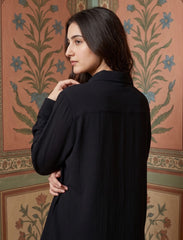 Pret - Moven - Shirt with Floral Embroidery and Stone Work Details - Black