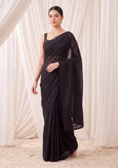 Formals - Fancy Closet - Georgette Embroidered Chiffon Saree - D#01 - Black