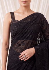 Formals - Fancy Closet - Georgette Embroidered Chiffon Saree - D#01 - Black