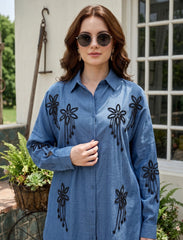 Moven Oversize Stone Embellished Shirt - Blue