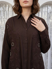 Pret - Moven - Shirt with Floral Embroidery and Stone Work Details - Chocolate