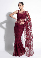 Fancy Chantilly Lace Saree - Burgundy