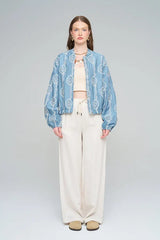 Pret - Moven - Women's Bomber Jacket with Floral Embroidery - Blue