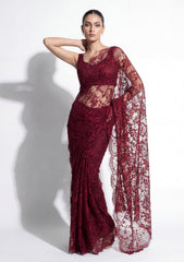 Fancy Chantilly Lace Saree - Burgundy