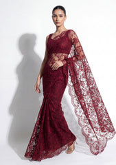Fancy Chantilly Lace Saree - Burgundy