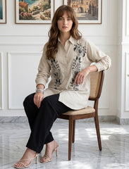 Pret - Moven - Oversize Shirt with Stone Work and Sequin Details - Beige