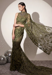 Fancy Chantilly Lace Saree - Olive Green