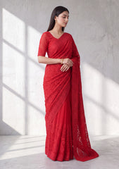 Formals - Fancy Closet - Georgette Embroidered Chiffon Saree - D#01 - Red