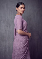 Formals - Fancy Closet - Georgette Embroidered Chiffon Saree - D#01 - Lilac