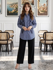 Pret - Moven - Shirt with Floral Embroidery and Stone Work Details - Blue